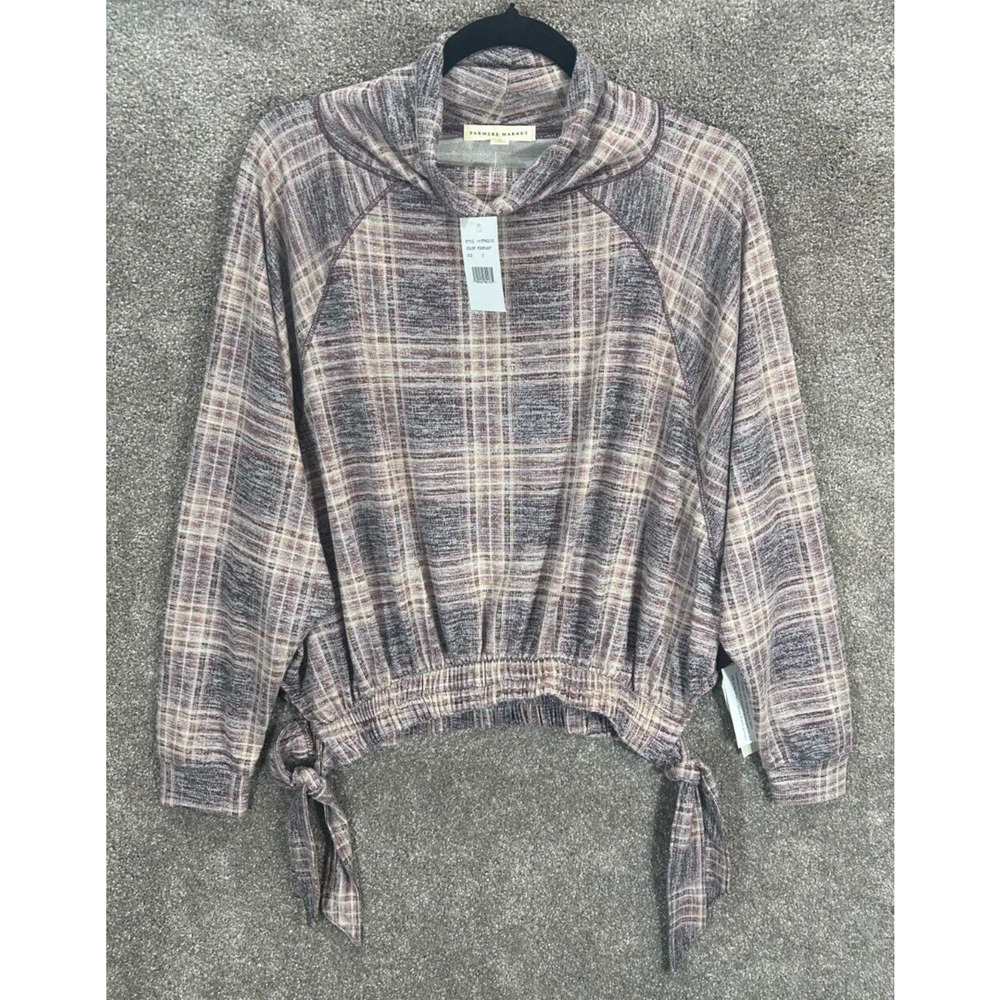 Farmers Market Top‎ Womens Small Purple Plaid Bubble Hem Oversized Blouse NWT